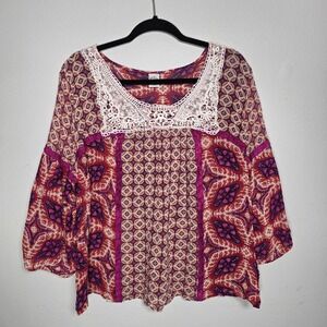 Bila Womens Hippie Floral Top Size XXL Pink Red Boho Vacation Island Beach